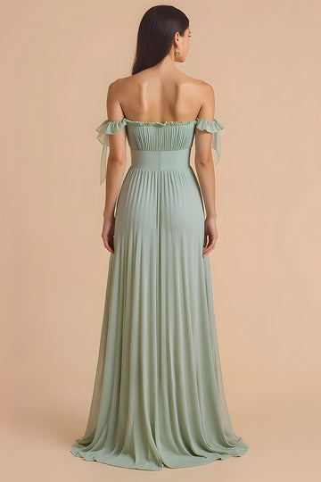 Off The Shoulder Chiffon A-Line Sage Green Bridesmaid Dress